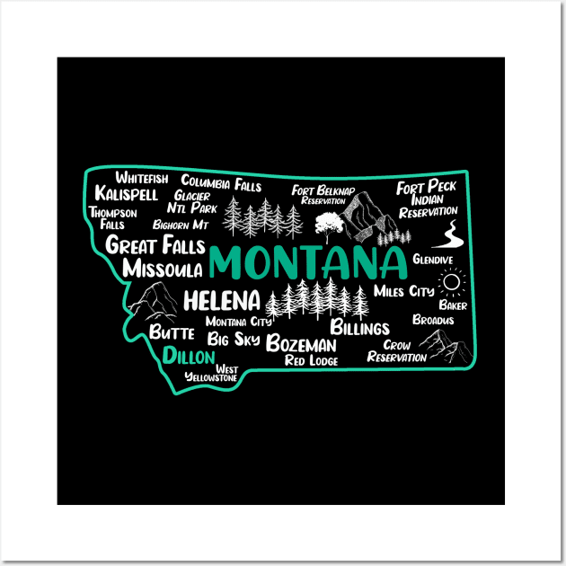 Cute map of Dillon Montana, Helena, Missoula, Great Falls, Bozemian, Billings, Kalispell, Big Sky Wall Art by BoogieCreates